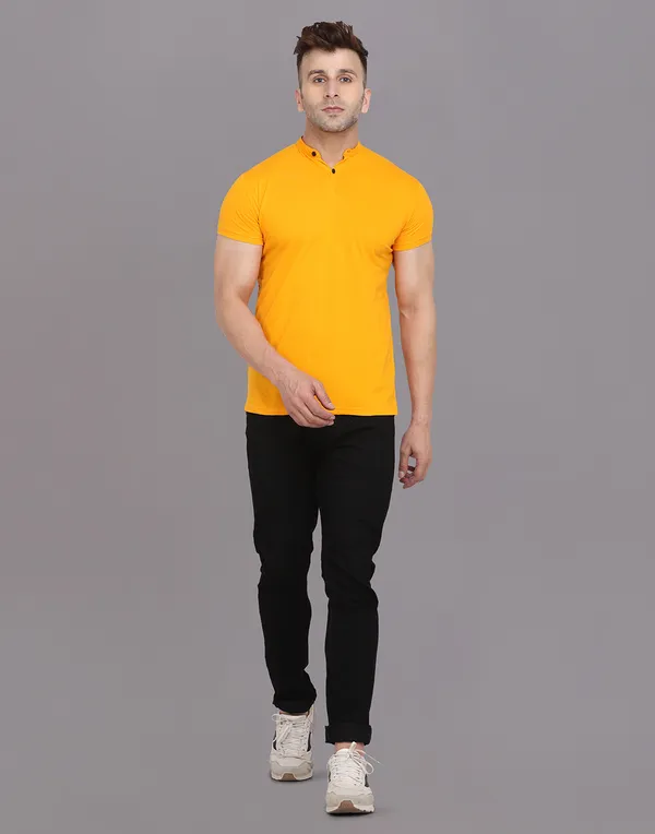 Yellow_Cotton_Blend_Mandarin_Collar_Half_Sleeve_T_Shirt_For_Men
