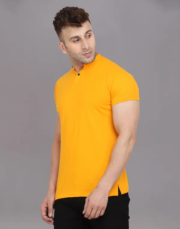 Yellow_Cotton_Blend_Mandarin_Collar_Half_Sleeve_T_Shirt_For_Men