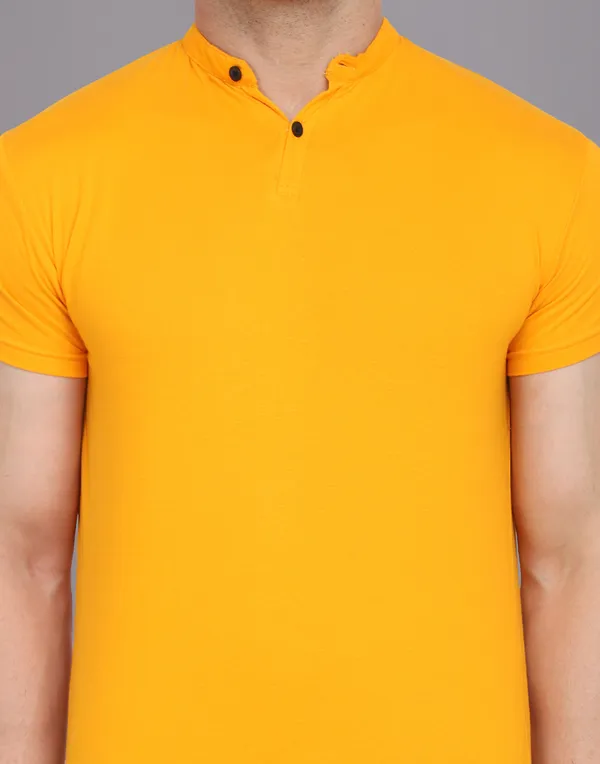 Yellow_Cotton_Blend_Mandarin_Collar_Half_Sleeve_T_Shirt_For_Men