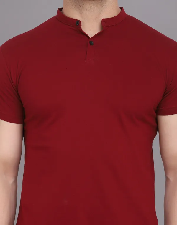 Maroon_Cotton_Blend_Mandarin_Collar_Half_Sleeve_T_Shirt_For_Men