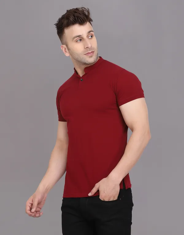 Maroon_Cotton_Blend_Mandarin_Collar_Half_Sleeve_T_Shirt_For_Men