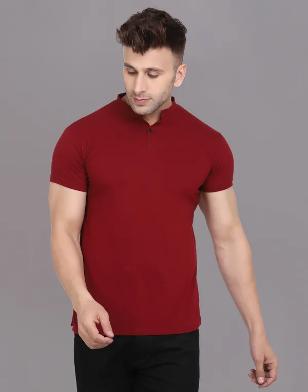 Maroon_Cotton_Blend_Mandarin_Collar_Half_Sleeve_T_Shirt_For_Men