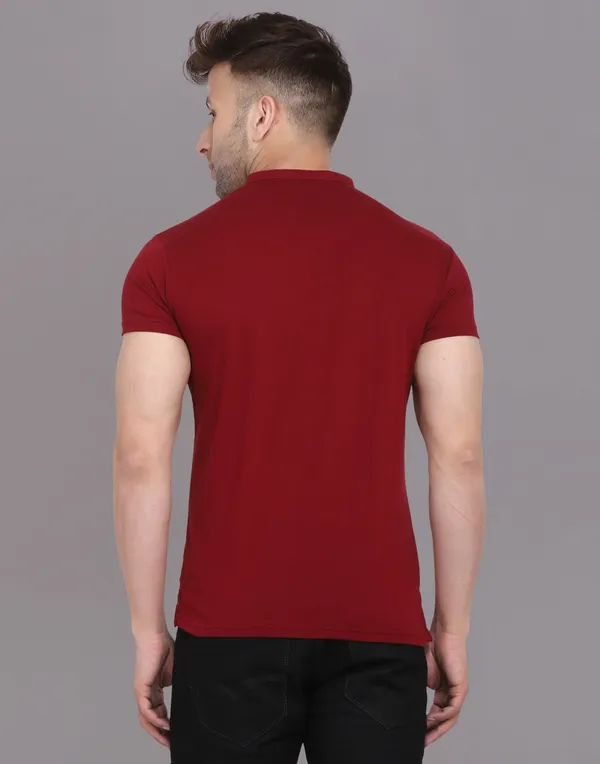 Maroon_Cotton_Blend_Mandarin_Collar_Half_Sleeve_T_Shirt_For_Men