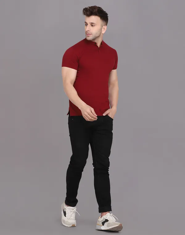 Maroon_Cotton_Blend_Mandarin_Collar_Half_Sleeve_T_Shirt_For_Men