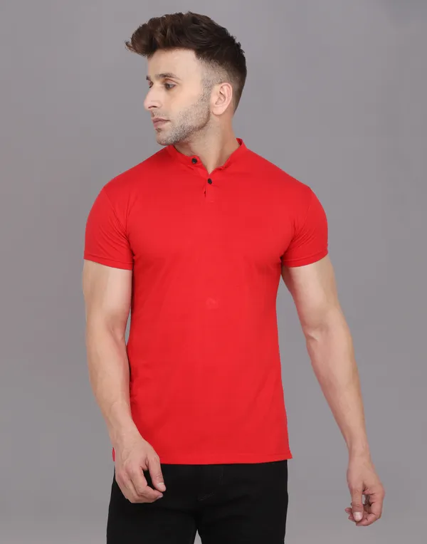 Red_Cotton_Blend_Mandarin_Collar_Half_Sleeve_T_Shirt_For_Men