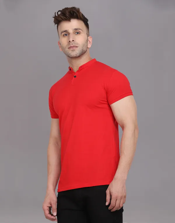 Red_Cotton_Blend_Mandarin_Collar_Half_Sleeve_T_Shirt_For_Men