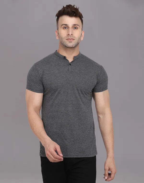 Grey_Cotton_Blend_Mandarin_Collar_Half_Sleeve_T_Shirt_For_Men