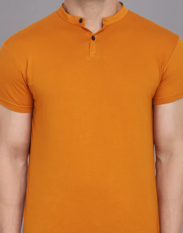 Mustard_Cotton_Blend_Mandarin_Collar_Half_Sleeve_T_Shirt_For_Men
