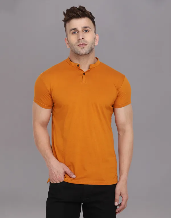 Mustard_Cotton_Blend_Mandarin_Collar_Half_Sleeve_T_Shirt_For_Men