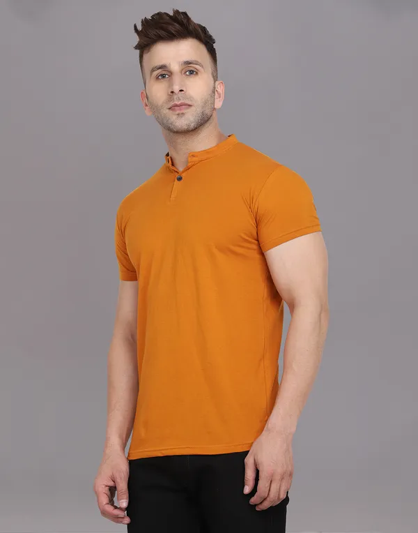 Mustard_Cotton_Blend_Mandarin_Collar_Half_Sleeve_T_Shirt_For_Men