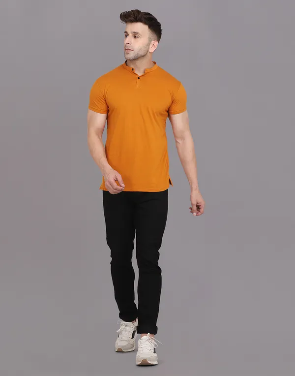 Mustard_Cotton_Blend_Mandarin_Collar_Half_Sleeve_T_Shirt_For_Men