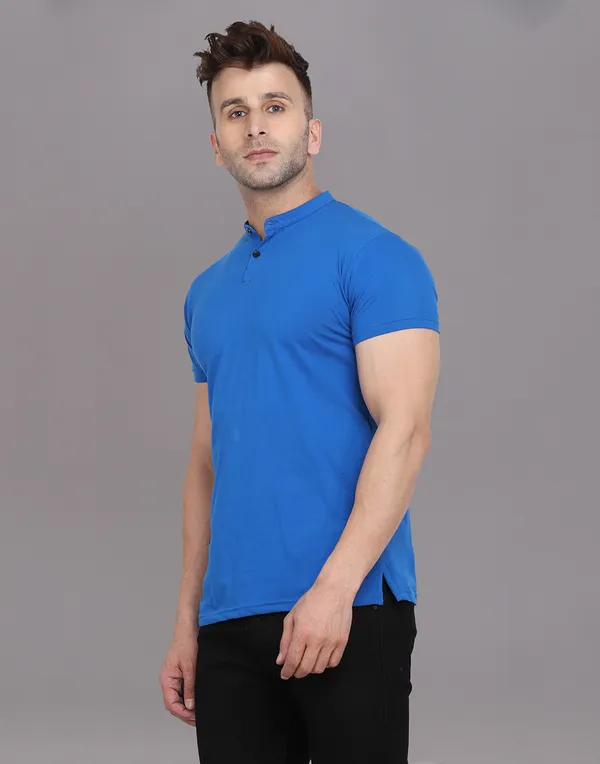 Blue_Cotton_Blend_Mandarin_Collar_Half_Sleeve_T_Shirt_For_Men