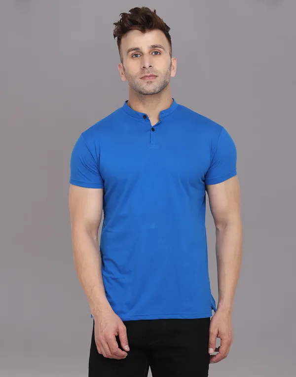Blue_Cotton_Blend_Mandarin_Collar_Half_Sleeve_T_Shirt_For_Men