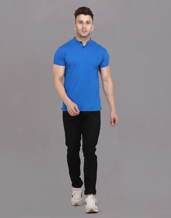 Blue_Cotton_Blend_Mandarin_Collar_Half_Sleeve_T_Shirt_For_Men