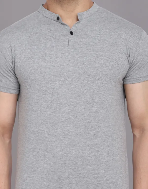 Silver_Cotton_Blend_Mandarin_Collar_Half_Sleeve_T_Shirt_For_Men
