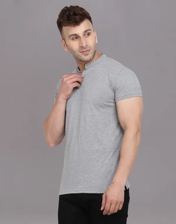 Silver_Cotton_Blend_Mandarin_Collar_Half_Sleeve_T_Shirt_For_Men