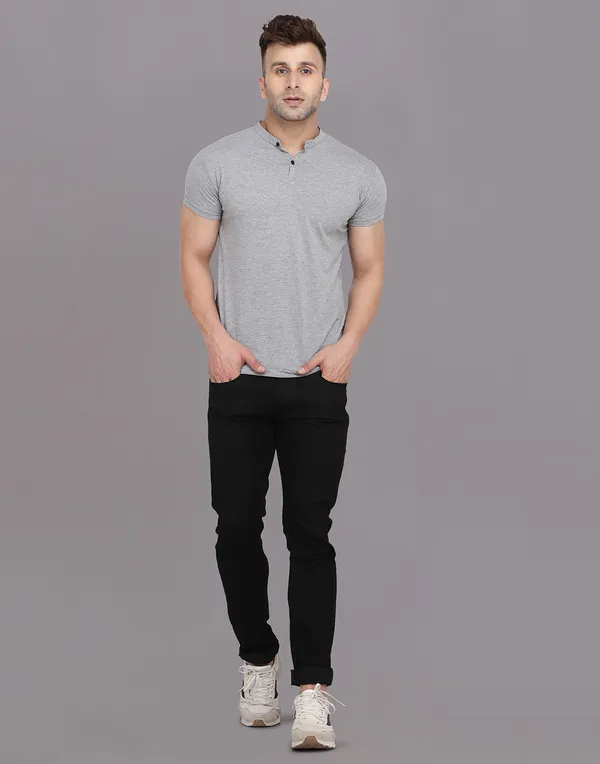 Silver_Cotton_Blend_Mandarin_Collar_Half_Sleeve_T_Shirt_For_Men