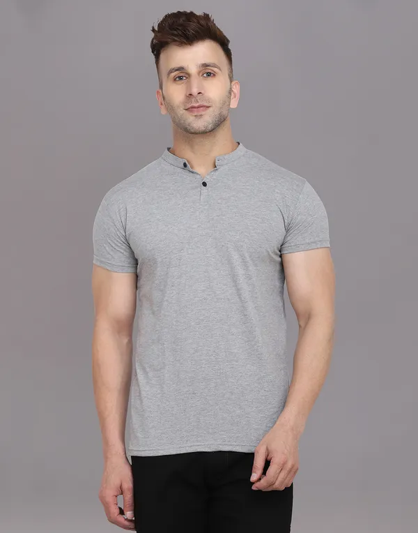 Silver_Cotton_Blend_Mandarin_Collar_Half_Sleeve_T_Shirt_For_Men
