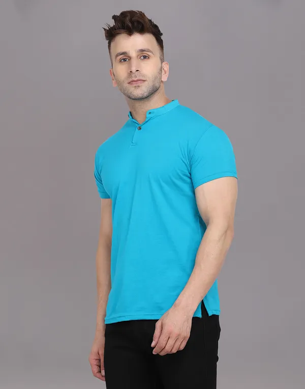 Turquoise_Cotton_Blend_Mandarin_Collar_Half_Sleeve_T_Shirt_For_Men