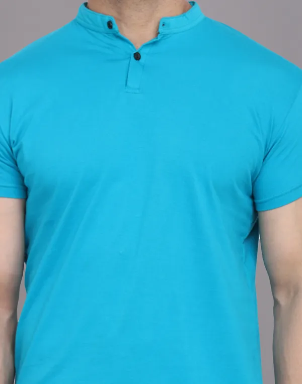 Turquoise_Cotton_Blend_Mandarin_Collar_Half_Sleeve_T_Shirt_For_Men