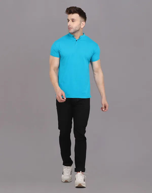 Turquoise_Cotton_Blend_Mandarin_Collar_Half_Sleeve_T_Shirt_For_Men