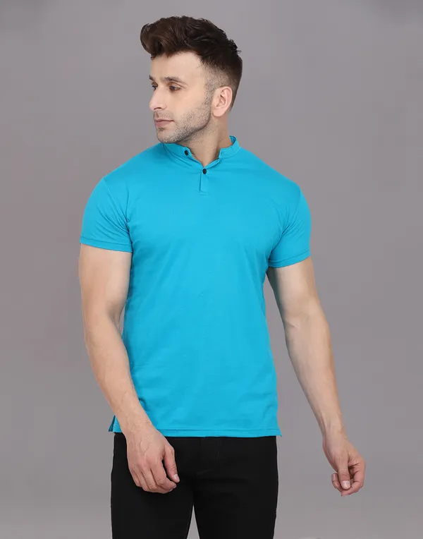 Turquoise_Cotton_Blend_Mandarin_Collar_Half_Sleeve_T_Shirt_For_Men