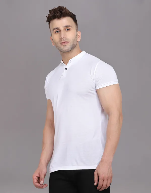 White_Cotton_Blend_Mandarin_Collar_Half_Sleeve_T_Shirt_For_Men