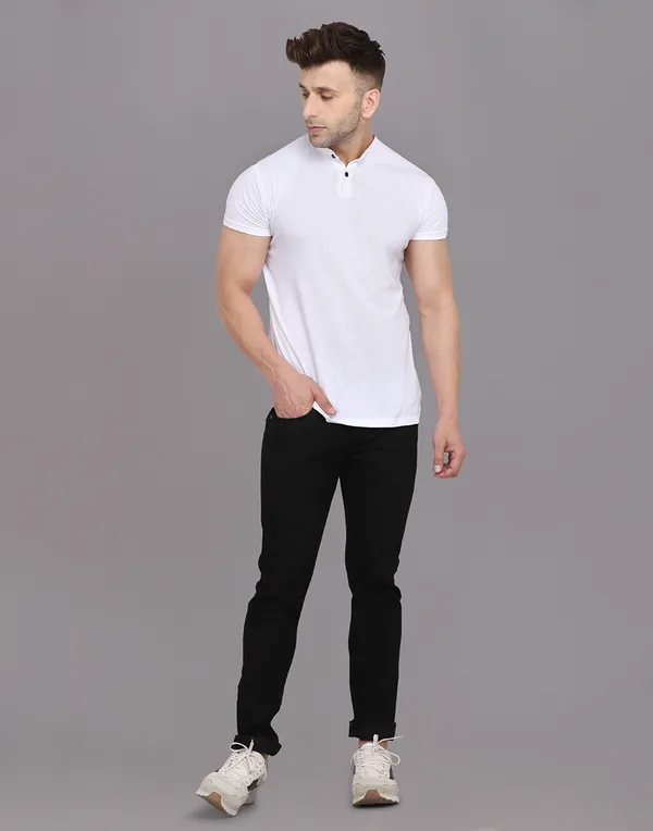 White_Cotton_Blend_Mandarin_Collar_Half_Sleeve_T_Shirt_For_Men
