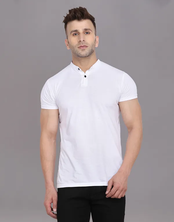 White_Cotton_Blend_Mandarin_Collar_Half_Sleeve_T_Shirt_For_Men
