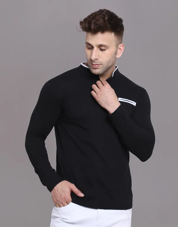 Black_Cotton_Blend_Mandarin_Collar_Full_Sleeve_T_Shirt_For_Men