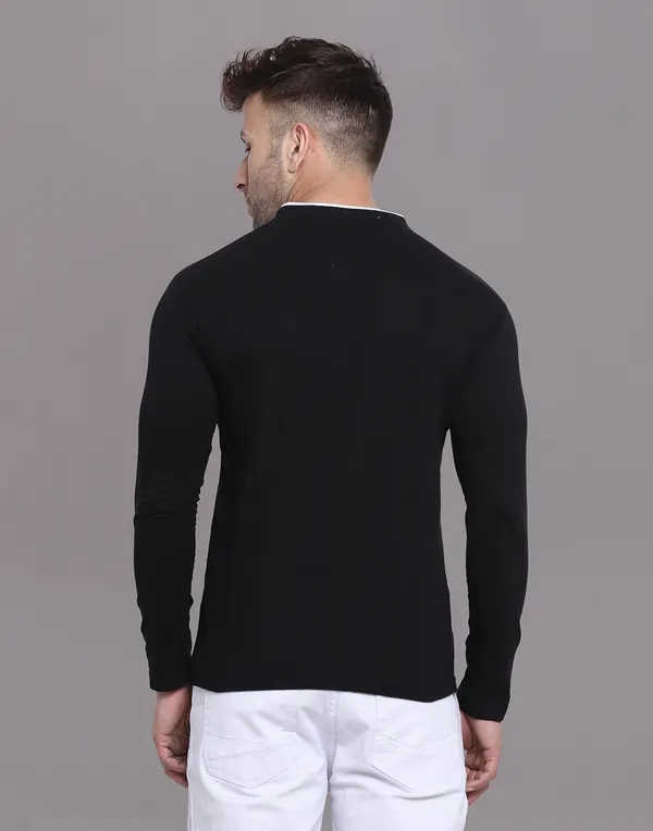 Black_Cotton_Blend_Mandarin_Collar_Full_Sleeve_T_Shirt_For_Men
