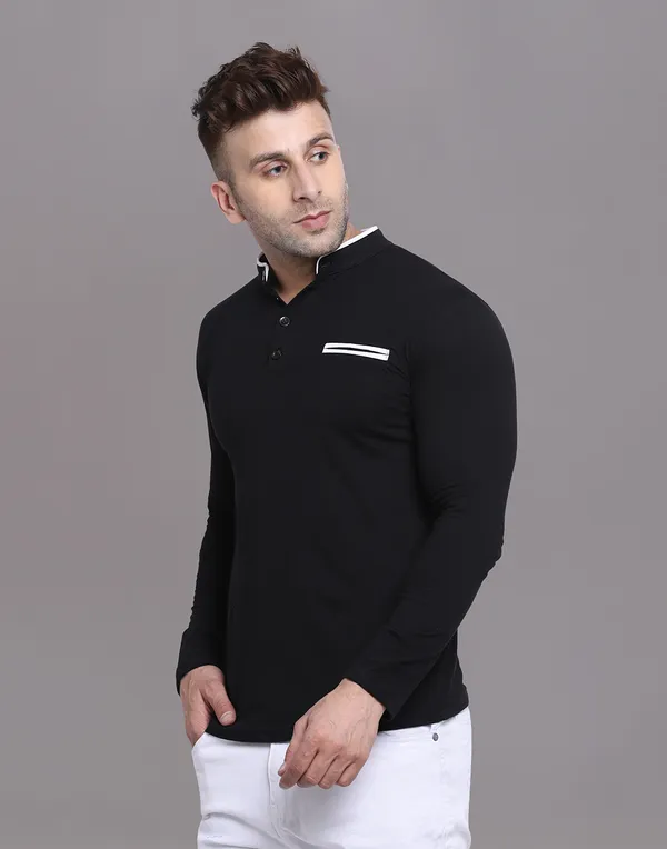 Black_Cotton_Blend_Mandarin_Collar_Full_Sleeve_T_Shirt_For_Men