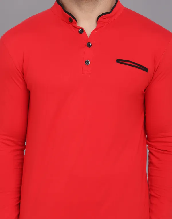 Red_Cotton_Blend_Mandarin_Collar_Full_Sleeve_T_Shirt_For_Men