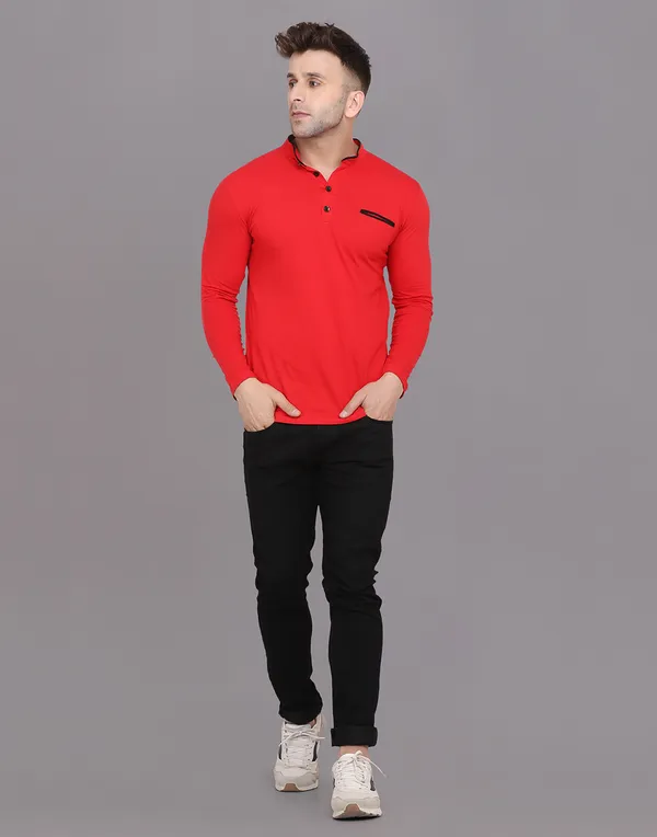 Red_Cotton_Blend_Mandarin_Collar_Full_Sleeve_T_Shirt_For_Men