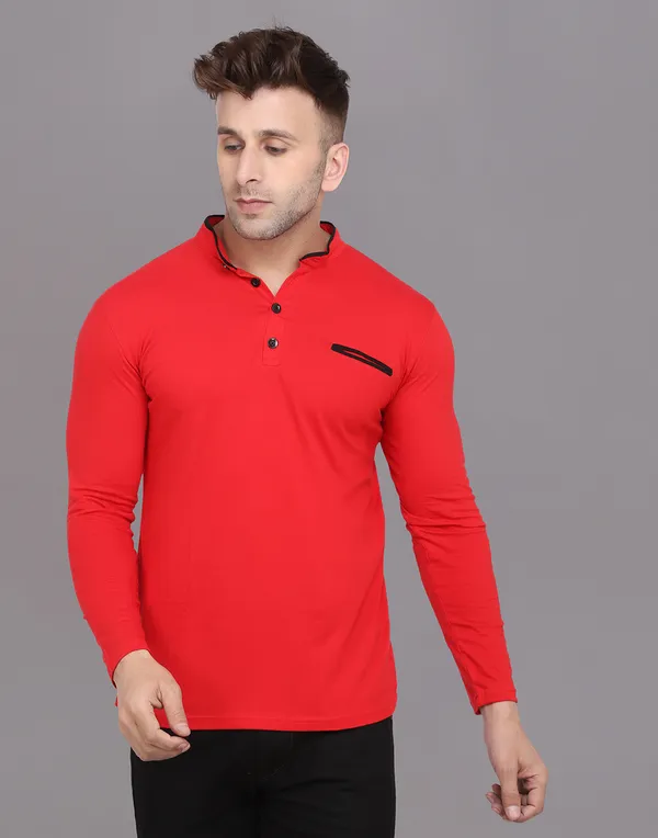 Red_Cotton_Blend_Mandarin_Collar_Full_Sleeve_T_Shirt_For_Men