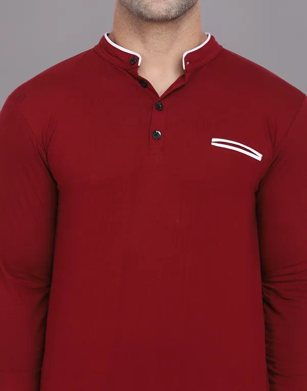 Maroon_Cotton_Blend_Mandarin_Collar_Full_Sleeve_T_Shirt_For_Men
