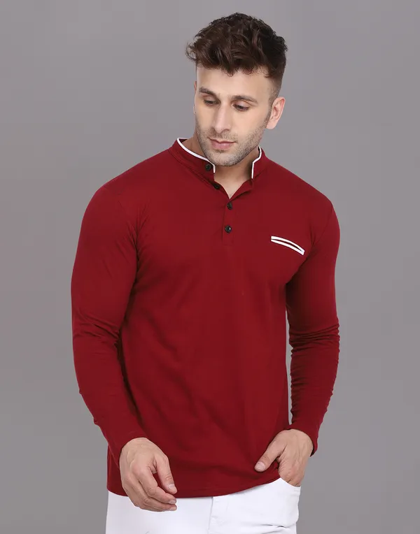 Maroon_Cotton_Blend_Mandarin_Collar_Full_Sleeve_T_Shirt_For_Men