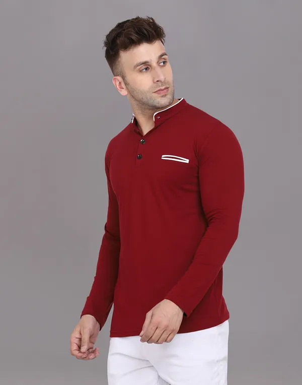 Maroon_Cotton_Blend_Mandarin_Collar_Full_Sleeve_T_Shirt_For_Men
