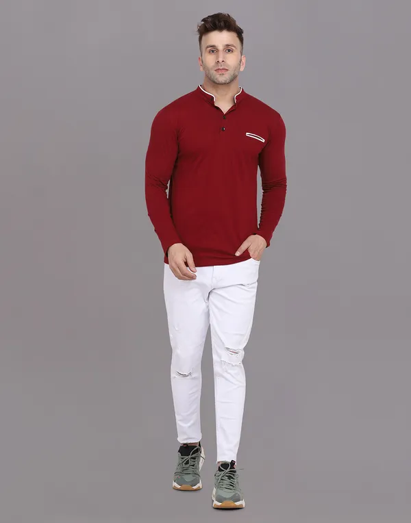 Maroon_Cotton_Blend_Mandarin_Collar_Full_Sleeve_T_Shirt_For_Men