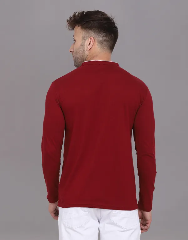Maroon_Cotton_Blend_Mandarin_Collar_Full_Sleeve_T_Shirt_For_Men