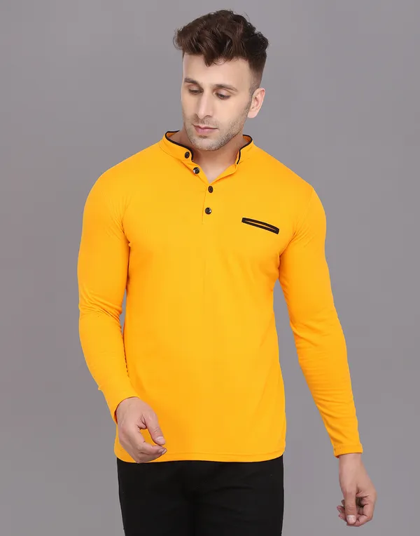 Yellow_Cotton_Blend_Mandarin_Collar_Full_Sleeve_T_Shirt_For_Men