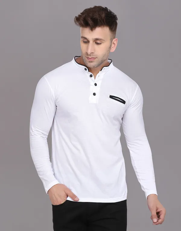 White_Cotton_Blend_Mandarin_Collar_Full_Sleeve_T_Shirt_For_Men