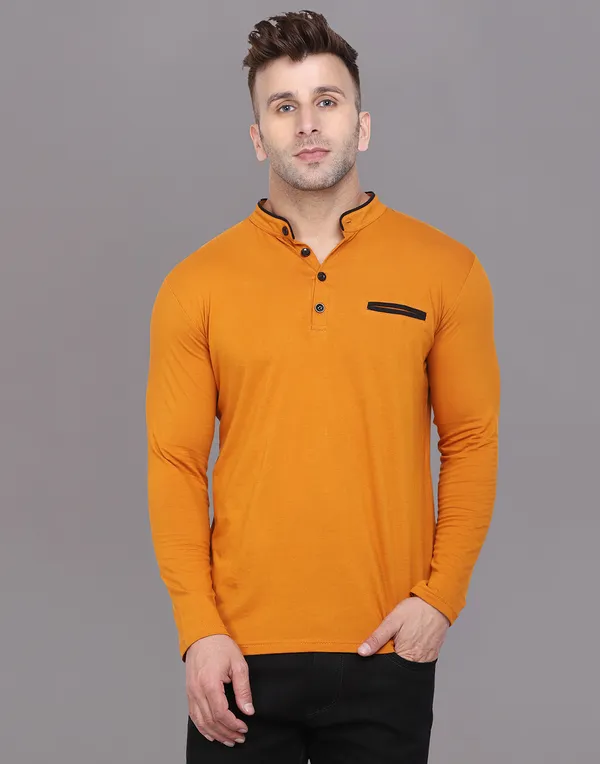 Mustard_Cotton_Blend_Mandarin_Collar_Full_Sleeve_T_Shirt_For_Men