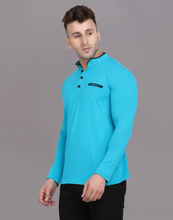 Turquoise_Cotton_Blend_Mandarin_Collar_Full_Sleeve_T_Shirt_For_Men