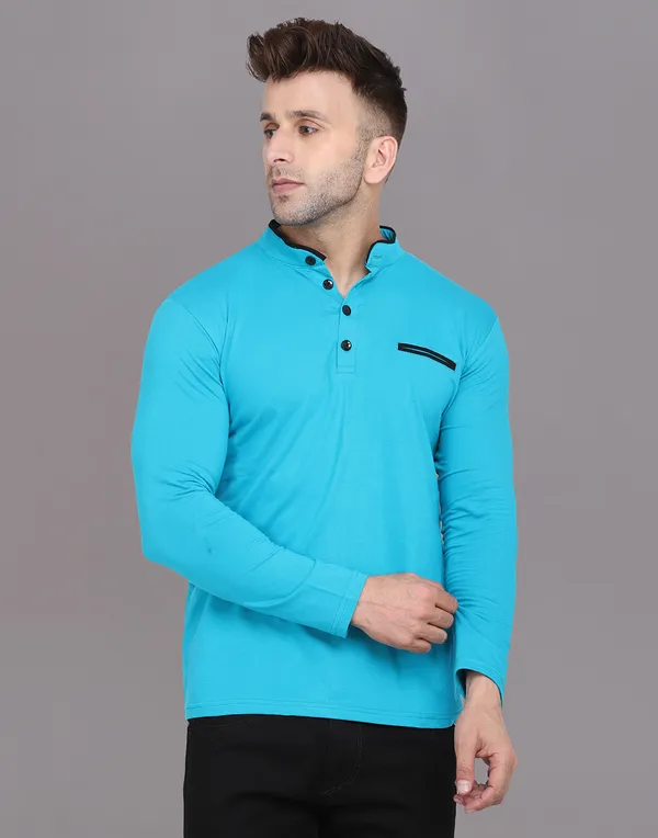 Turquoise_Cotton_Blend_Mandarin_Collar_Full_Sleeve_T_Shirt_For_Men