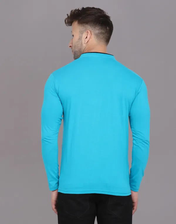 Turquoise_Cotton_Blend_Mandarin_Collar_Full_Sleeve_T_Shirt_For_Men