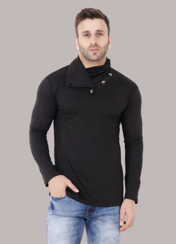 Black_Cotton_Blend_High_Neck_Full_Sleeve_T_Shirt_For_Men