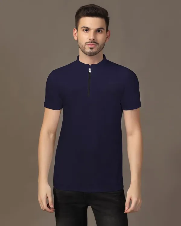 Dark_Blue_Cotton_Blend_Mandarin_Collar_Half_Sleeve_T_Shirt_For_Men