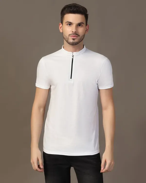 White_Cotton_Blend_Mandarin_Collar_Half_Sleeve_T_Shirt_For_Men