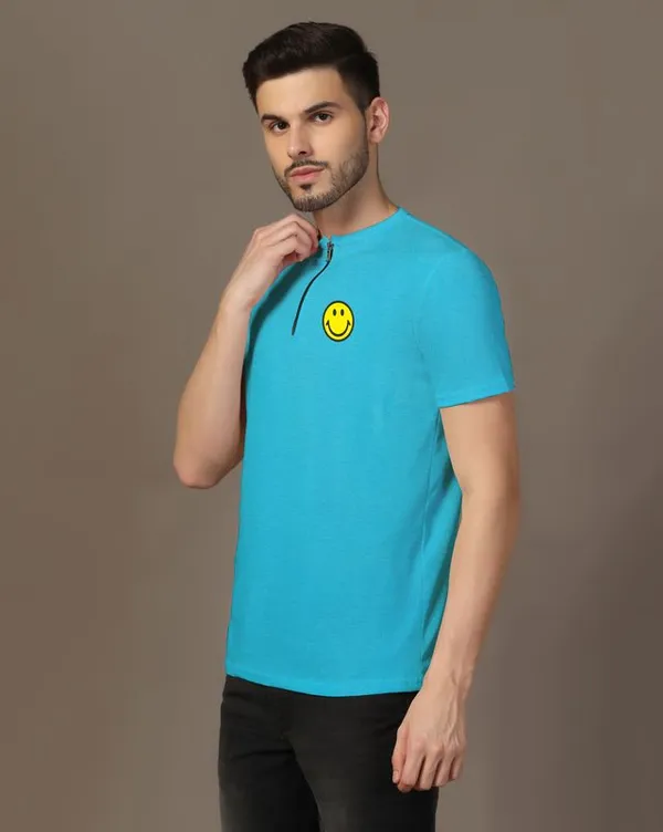 Turquoise_Cotton_Blend_Mandarin_Collar_Half_Sleeve_T_Shirt_For_Men